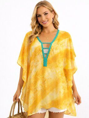 Boho Sheer Tunic Cover Up Yellow Beaded Neck Resort Top S/M Club Z